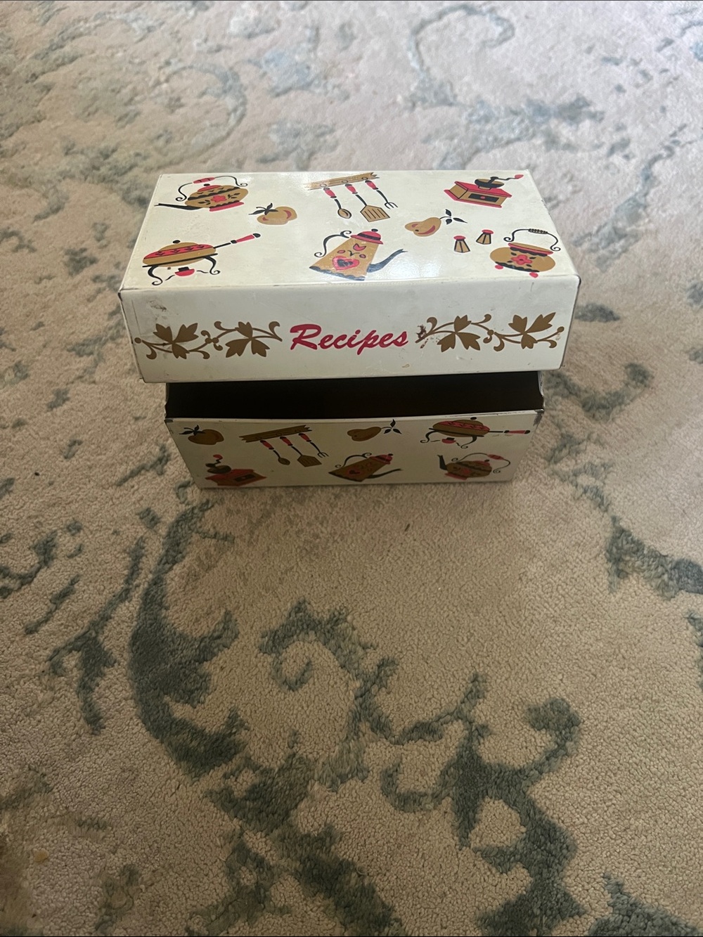 Vintage Recipe Box with Teapot & Kitchen Motif - Cream, Pink, Gold